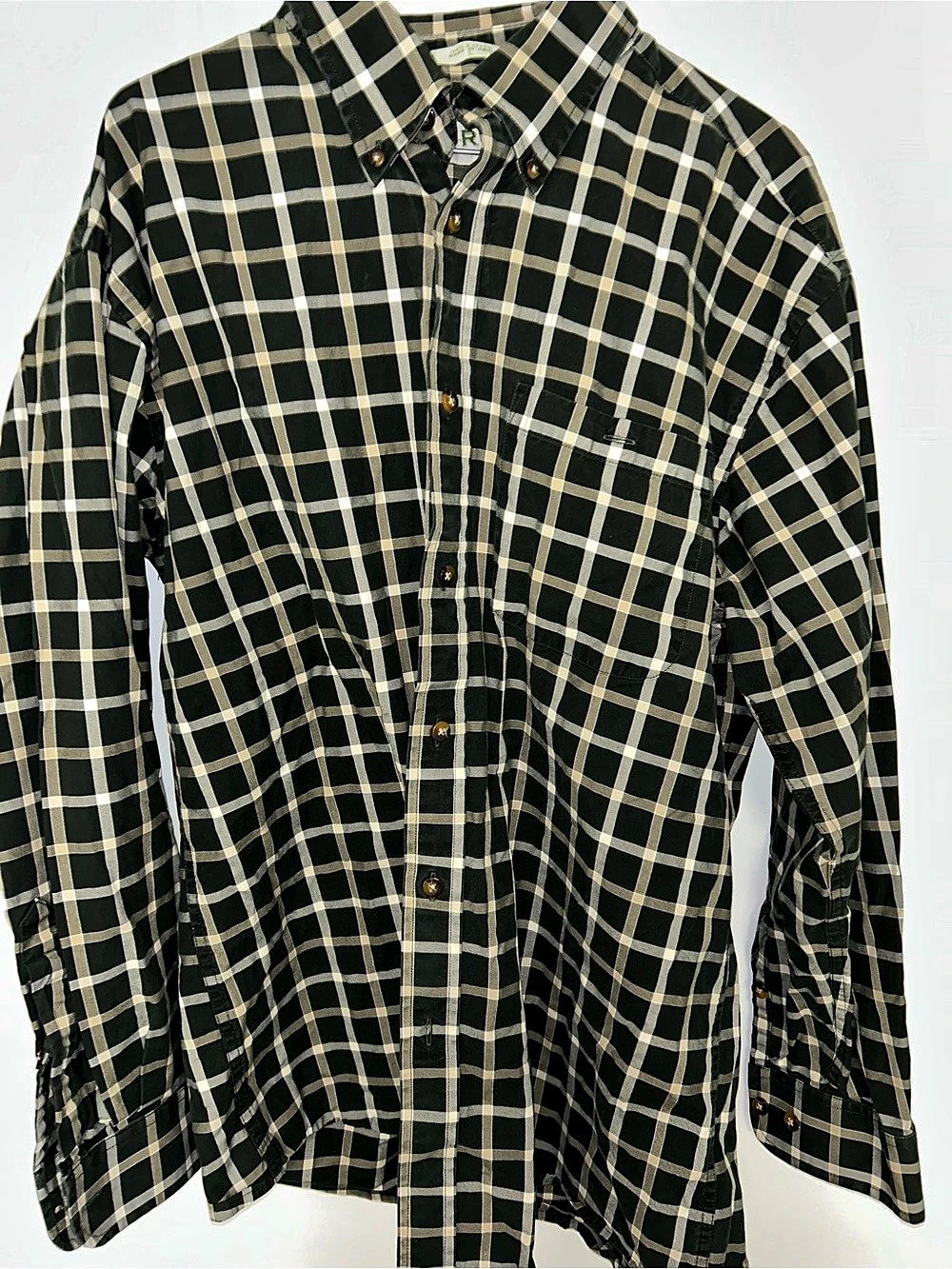 Orvis Men's Heavyweight Plaid Button Down Green & White L